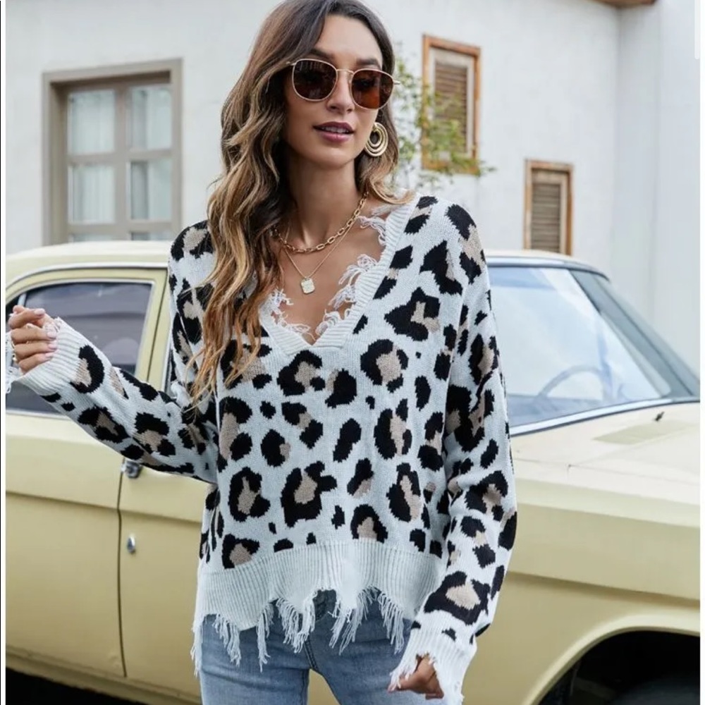 Off Shoulder leopard print distressed sweater